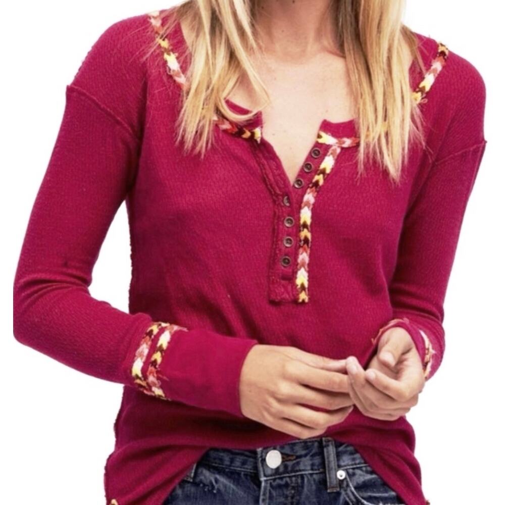 FREE PEOPLE x WE THE FREE Pink Waffle Knit Rainbow Embroidered Top - Picture 1 of 5